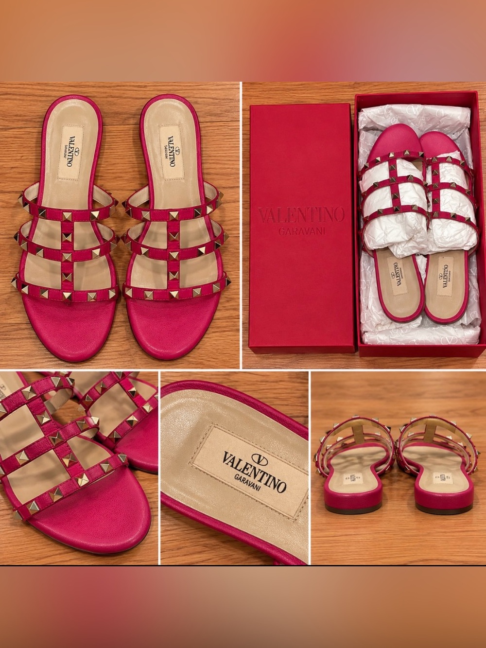 Valentino Pink Leather Rockstud Strappy Slide Sandals